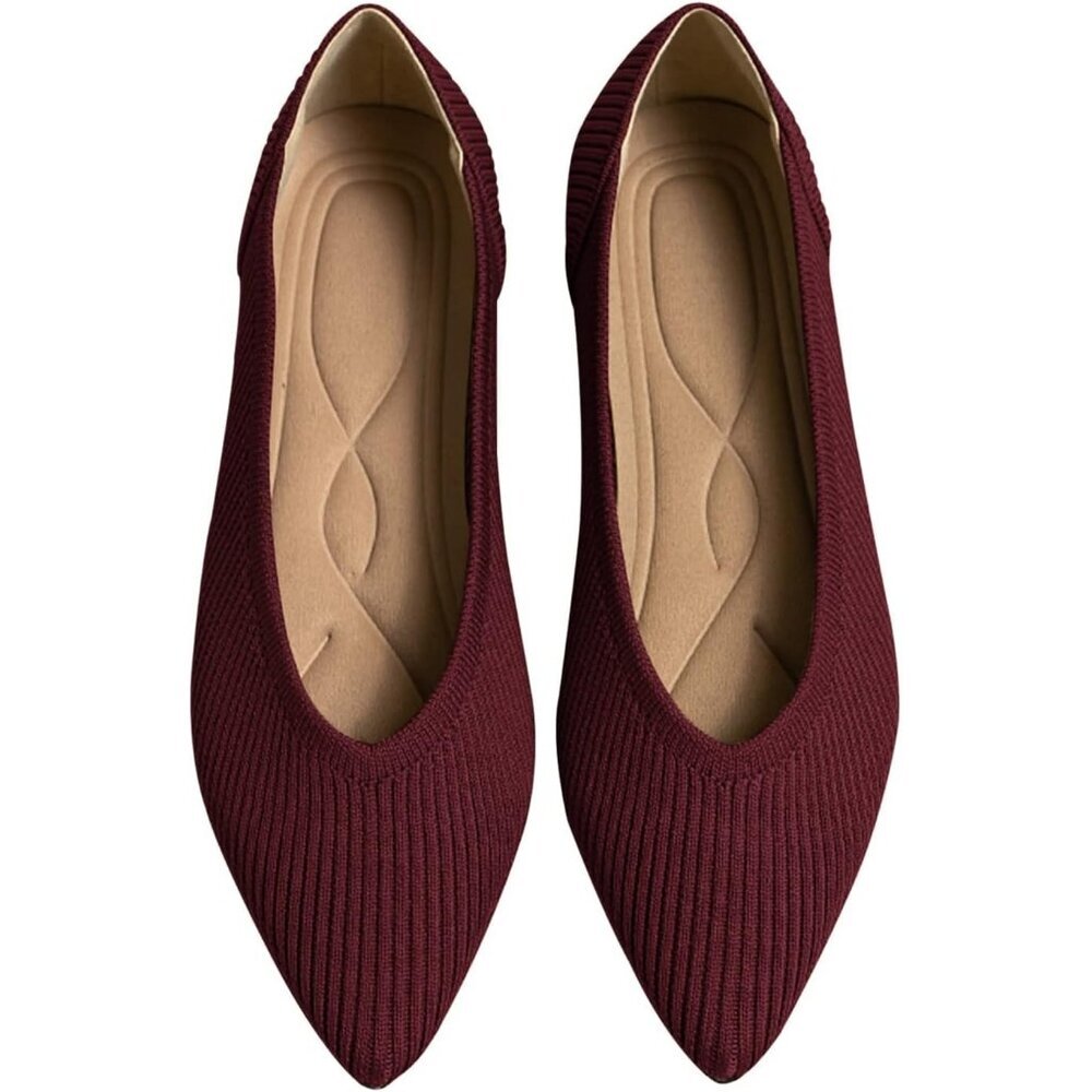 Women's Red Flats Pointed Toe Knit Ballet breathable Comfortable Rubber Shoes